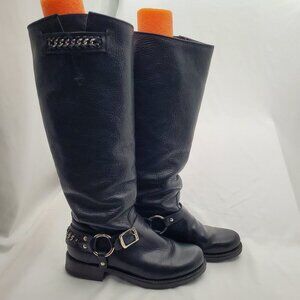 RARE FRYE Tall Harness Biker Boots Black Buffalo Grain Leather Chain Accent 6
